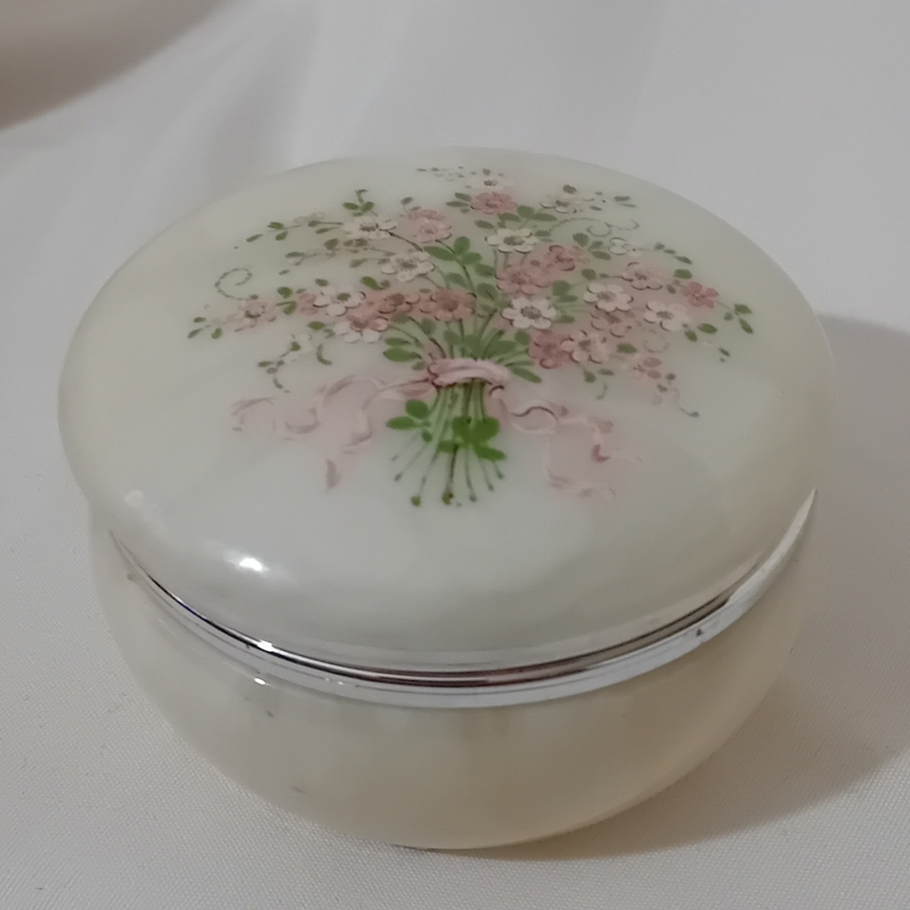 Vintage White Alabaster Round Floral Trinket Box With Silver Hinge